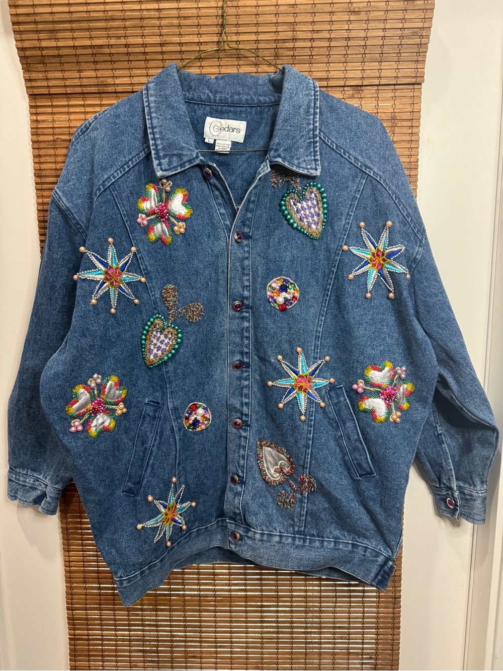 Vintage Cedars Embellished Blue Denim Jacket - Beaded Floral & Star Motifs
